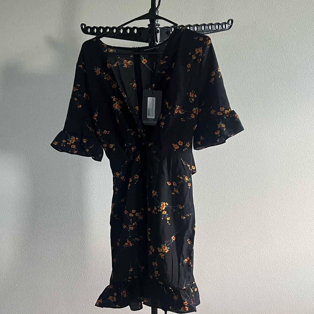 PrettyLittleThing Black Dress with Yellow Floral Design